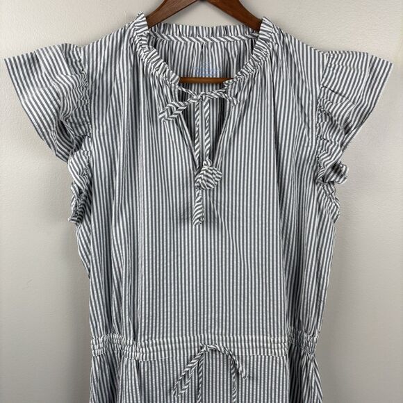 Vineyard Vines Women L Harbor Flutter Seersucker Tunic Dress Gray Striped Cinch - Picture 3 of 10